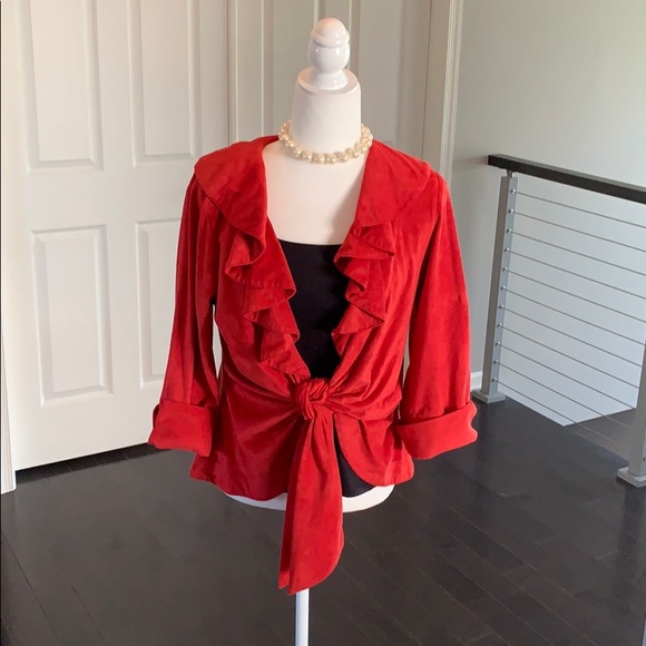 Mishca Red faux suede microfiber ruffle tie jacket - Picture 3 of 6